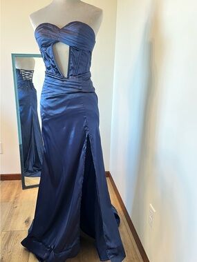 Strapless Navy Satin Evening Gown with Front Slit